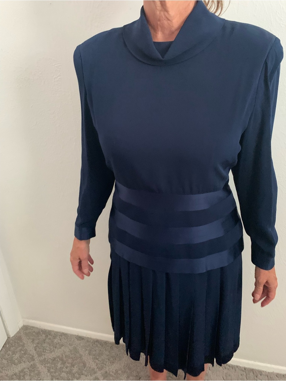 Vintage Albert Nipon Navy Blue Midi Dress Petite Size 10 Lined Pleated